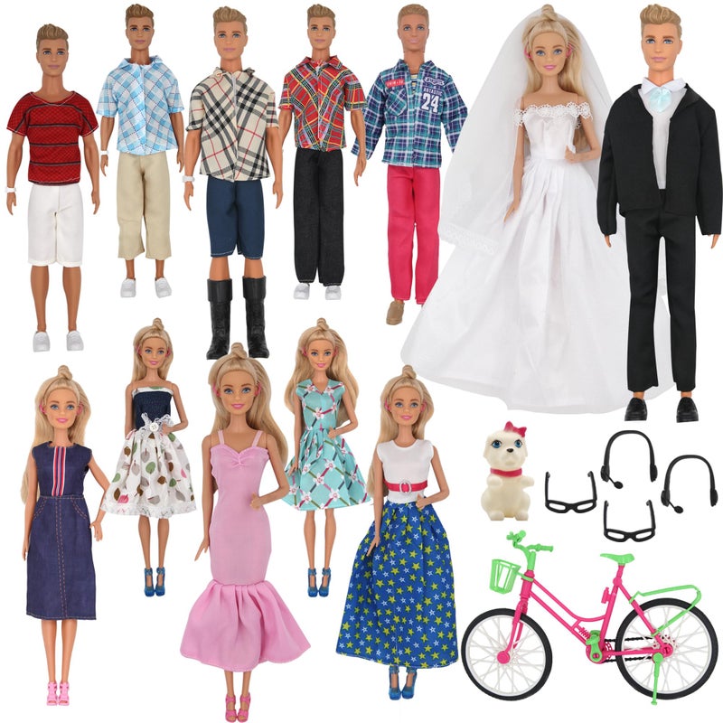 ZTWEDEN 33Pcs Doll Clothes and Accessories for 12 Inch Boy and Girl Doll  Includes 20 Wear Clothes Shirt Jeans Suit and Wedding Dresses  Glasses Earphones Dog and Bike for 12'' Boy Girl Doll - Image 1